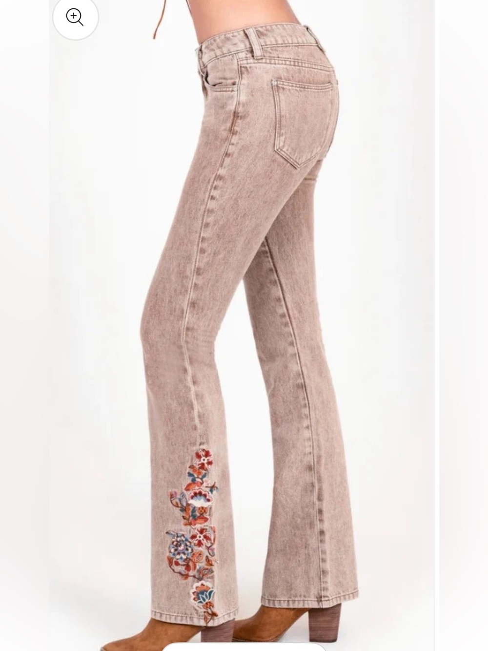 Grace in LA Jeans Floral Embroidery Camel Colour Mid-Rise Flare Jean